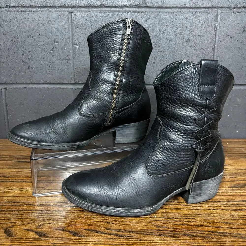 Born Women’s Black Leather Ankle Boots Side Zip Low Heel Western Size 9